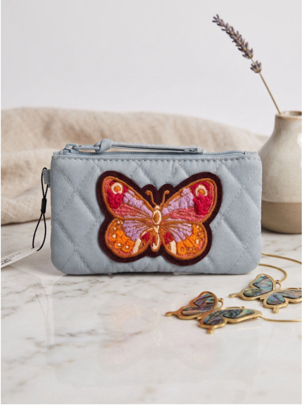 Vera Bradley Zip ID Case Butterfly Embroidered Gray Blue Key Ring New With Tag